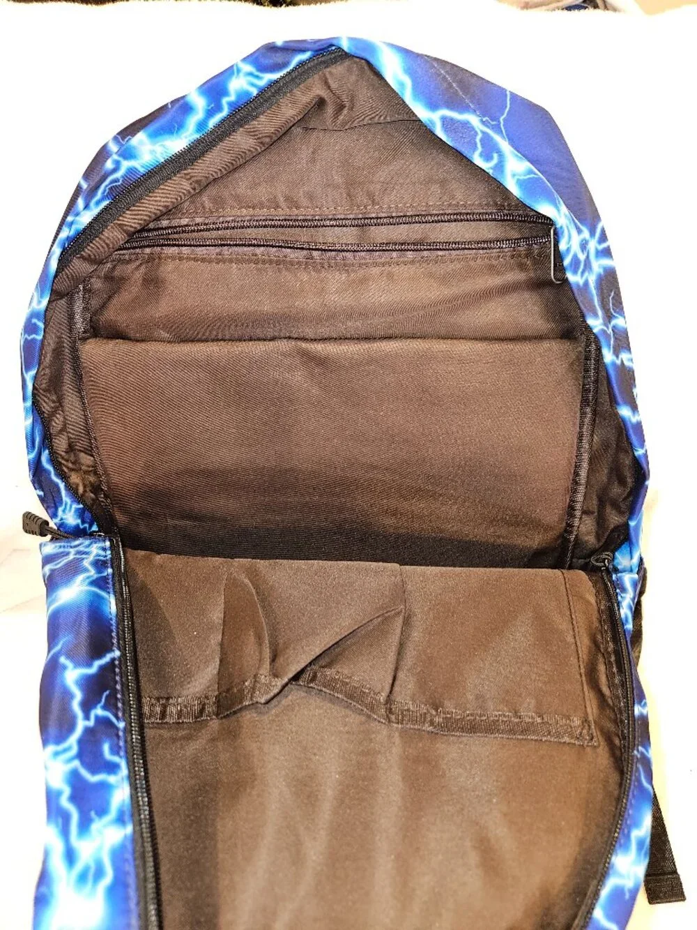 Lightning Print Backpack – Blue and White Design with 3 external pockets